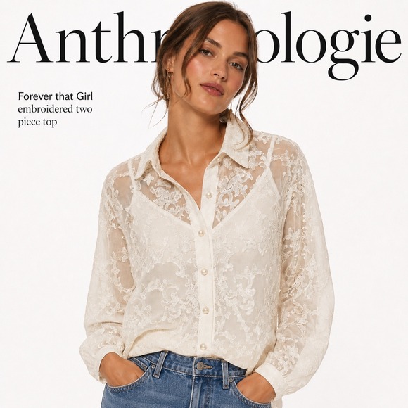 Anthropologie Tops - Anthropologie Ivory Forever That Girl Embroidered Pearl Button Blouse XL